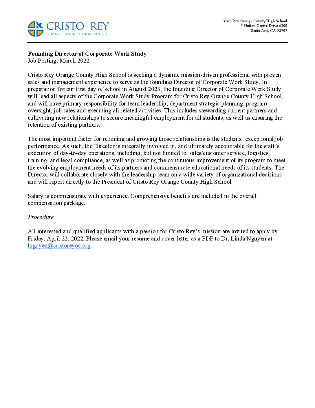 Cristo Rey OC_Director of Corporate Work Study_Job Posting and Description  - Orange County Catholic Schools